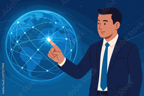 AI, machine learning concept with businessman touching a global data network. Digital technology, internet connection, and fast communication for global business and innovation.