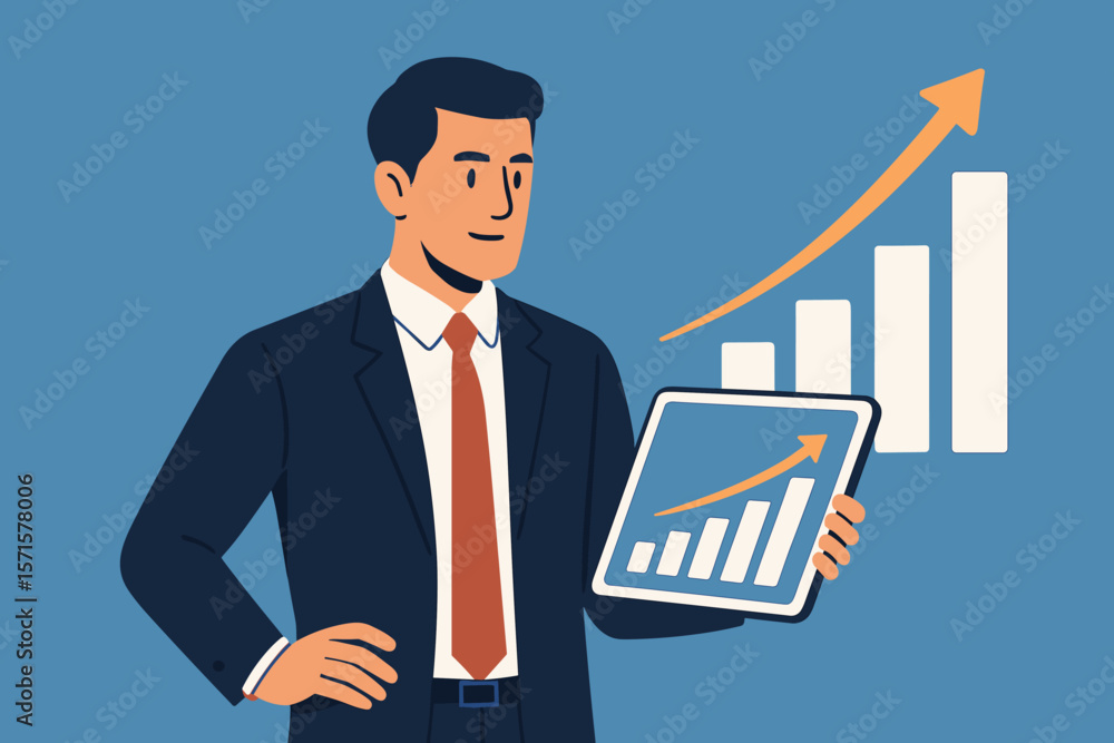Businessman analyzing financial data on a tablet with a growth graph. Business strategy, planning, and investment concept. Stock market progress, profit increase, success. Businessman analyzing financial data on a tablet with a growth graph. Business strategy, planning, and investment concept. Stock market progress, profit increase, success.