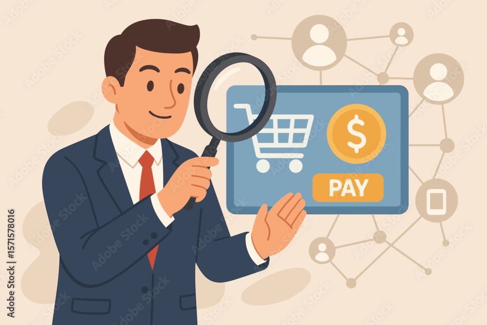 Online payment analysis with businessman holding magnifying glass. E-commerce transaction, customer network data, and m-banking research. Fintech and digital marketing vector. Online payment analysis with businessman holding magnifying glass. E-commerce transaction, customer network data, and m-banking research. Fintech and digital marketing vector.