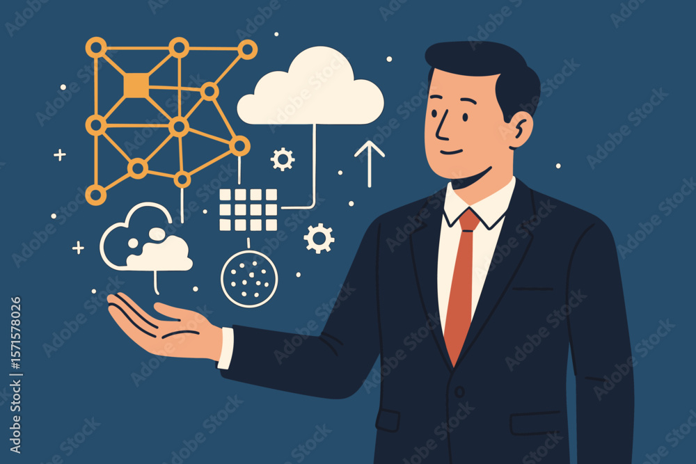 Businessman with cloud computing, blockchain network, big data analysis. Technology innovation concept. Digital transformation system, data storage. Modern flat vector cartoon. Businessman with cloud computing, blockchain network, big data analysis. Technology innovation concept. Digital transformation system, data storage. Modern flat vector cartoon.