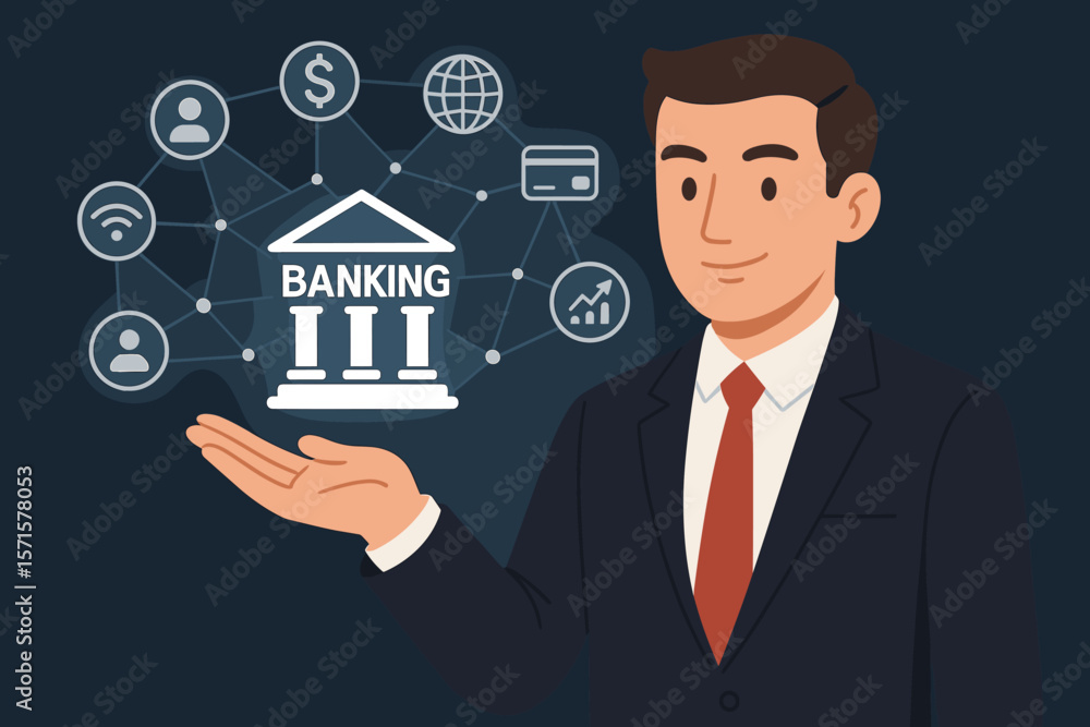 Businessman presents banking services on a virtual screen. Financial technology, fintech concept with icons for online banking, investment, and global network. Digital finance vector. Businessman presents banking services on a virtual screen. Financial technology, fintech concept with icons for online banking, investment, and global network. Digital finance vector.