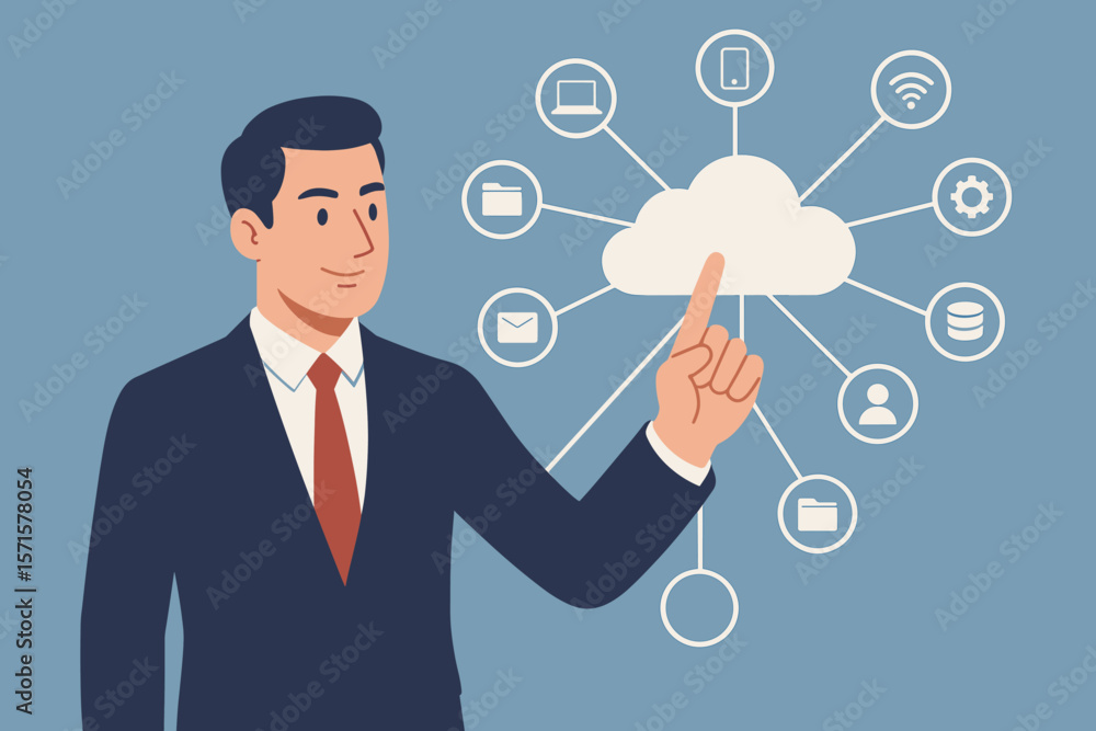 Businessman touching cloud computing icon network. Concept for cloud technology, data transfer, online storage, and business network services. Secure information management. Businessman touching cloud computing icon network. Concept for cloud technology, data transfer, online storage, and business network services. Secure information management.
