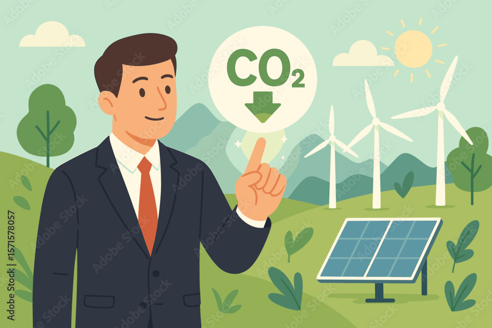 Reduce CO2 emissions business concept. Businessman with renewable energy, wind turbines, solar panels. ESG strategy for limiting climate change, global warming, carbon footprint. Reduce CO2 emissions business concept. Businessman with renewable energy, wind turbines, solar panels. ESG strategy for limiting climate change, global warming, carbon footprint.