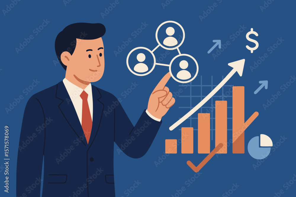 Business growth concept. Businessman touches customer network icon. Analyzing financial and investment data. Progress chart with positive indicators. Economic strategy success. Business growth concept. Businessman touches customer network icon. Analyzing financial and investment data. Progress chart with positive indicators. Economic strategy success.