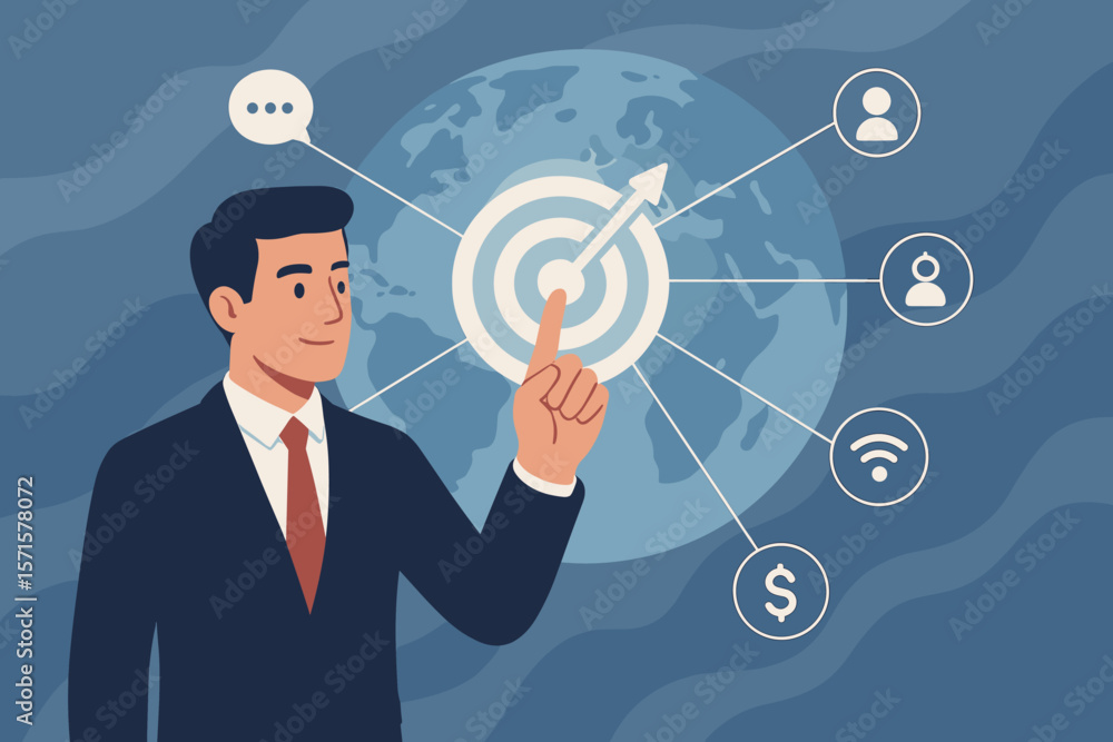 Businessman with global business strategy. Target for growth and success. Digital marketing, customer networking, social media, HR, banking, finance, worldwide connection concept. Businessman with global business strategy. Target for growth and success. Digital marketing, customer networking, social media, HR, banking, finance, worldwide connection concept.