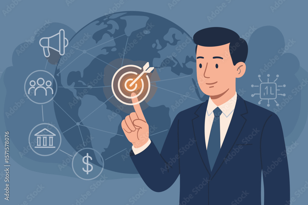 Businessman touching a target for global business strategy. Digital marketing, customer networking, finance, banking, HR, and technology. Concept for growth and development. Businessman touching a target for global business strategy. Digital marketing, customer networking, finance, banking, HR, and technology. Concept for growth and development.