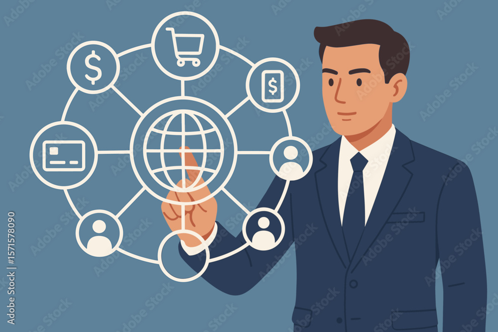 Businessman touching global network payments, online shopping icon. Customer connection on virtual screen concept. M-banking, fintech, multichannel and omnichannel business strategy. Businessman touching global network payments, online shopping icon. Customer connection on virtual screen concept. M-banking, fintech, multichannel and omnichannel business strategy.