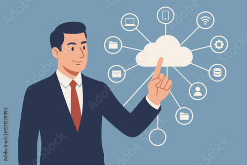 Businessman touching cloud computing icon network. Concept for cloud technology, data transfer, online storage, and business network services. Secure information management.