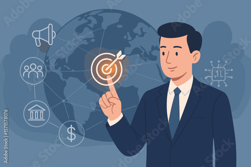 Businessman touching a target for global business strategy. Digital marketing, customer networking, finance, banking, HR, and technology. Concept for growth and development.