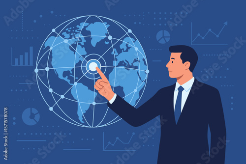Businessman touching global network connection. Big data analysis, digital marketing, business data exchanges worldwide. Investment, financial, banking and technology concept.