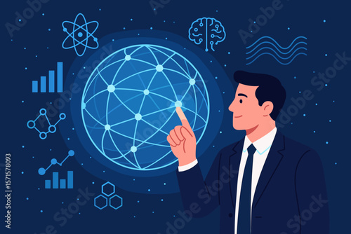 Businessman touching global network and data exchanges. Innovation, future technology, Metaverse, AI concept. Transformation of big data, digital networking and intelligence.