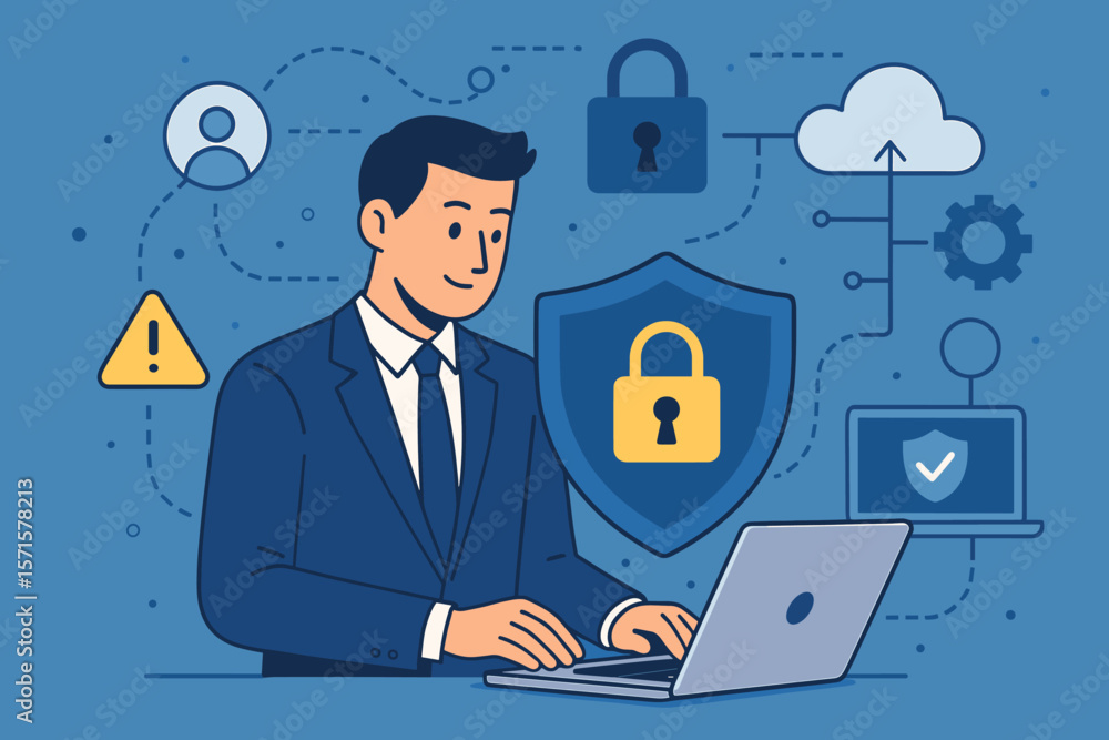 Cybersecurity and internet technology concept. Businessman protecting personal data on a laptop. Network security, data protection, privacy, and cloud computing illustration. Cybersecurity and internet technology concept. Businessman protecting personal data on a laptop. Network security, data protection, privacy, and cloud computing illustration.