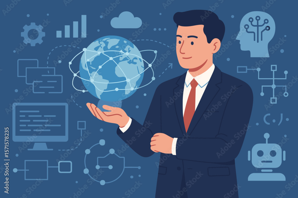 Businessman presents a global network, data science, and AI. Concept for business intelligence, big data analytics, machine learning, cloud computing, and digital technology. Businessman presents a global network, data science, and AI. Concept for business intelligence, big data analytics, machine learning, cloud computing, and digital technology.