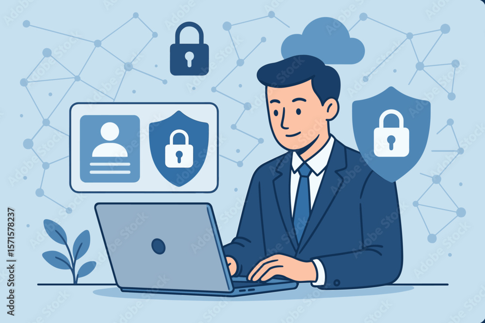 Cyber security concept. Businessman protecting personal information on laptop. Internet technology, network security, cloud data protection, privacy, authentication, secure user access. Cyber security concept. Businessman protecting personal information on laptop. Internet technology, network security, cloud data protection, privacy, authentication, secure user access.