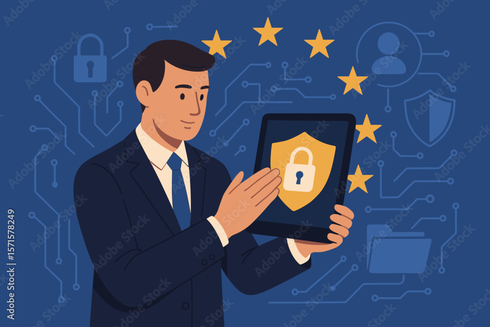 Data protection and privacy concept. GDPR compliance in EU. Businessman with tablet protecting personal information. Cyber security and network safety. Flat vector illustration. Data protection and privacy concept. GDPR compliance in EU. Businessman with tablet protecting personal information. Cyber security and network safety. Flat vector illustration.