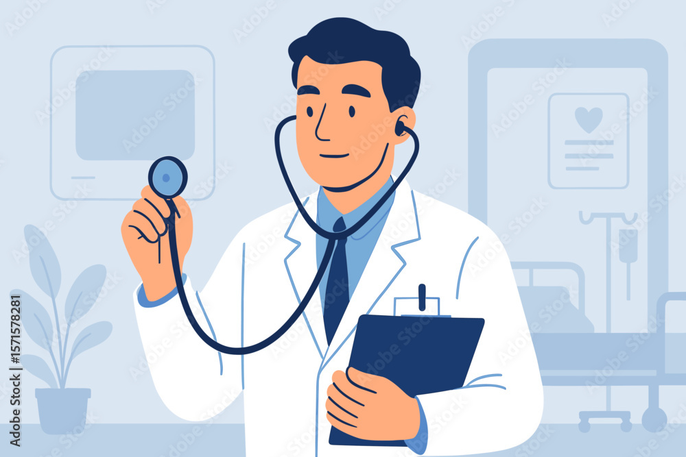 Professional doctor holding stethoscope and clipboard, diagnosing patient, reviewing health symptoms, providing quality healthcare service in modern hospital medical environment Professional doctor holding stethoscope and clipboard, diagnosing patient, reviewing health symptoms, providing quality healthcare service in modern hospital medical environment