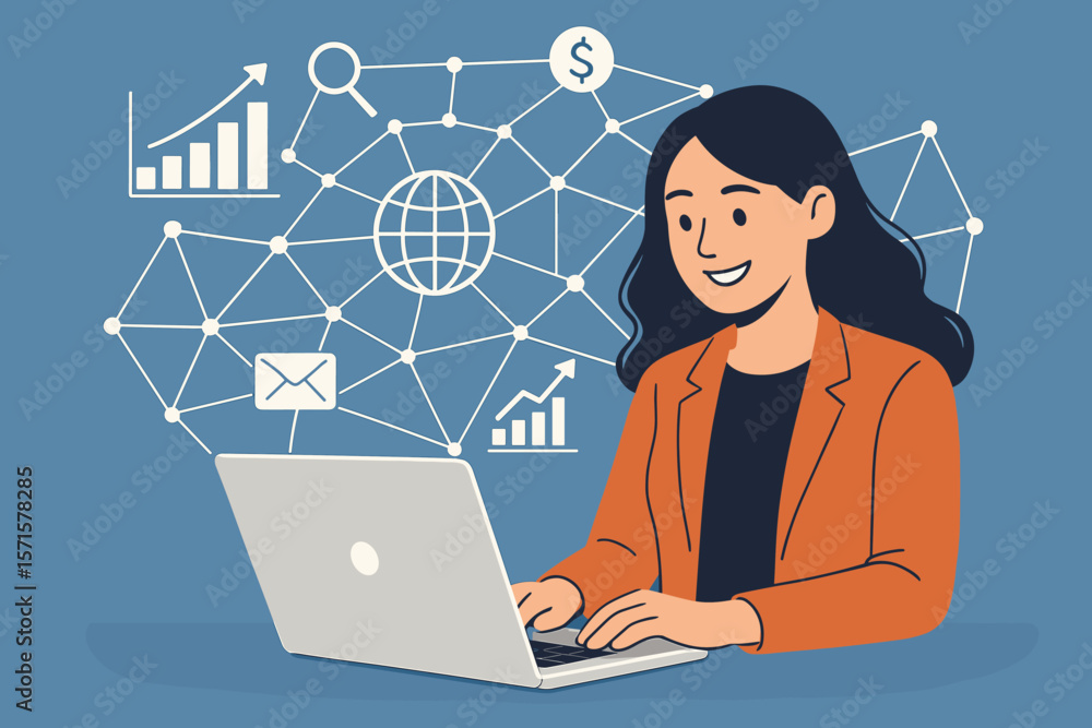 Businesswoman at laptop analyzing data for digital marketing strategy. Concept of global network, business growth, online connection, financial technology, and investment success. Businesswoman at laptop analyzing data for digital marketing strategy. Concept of global network, business growth, online connection, financial technology, and investment success.