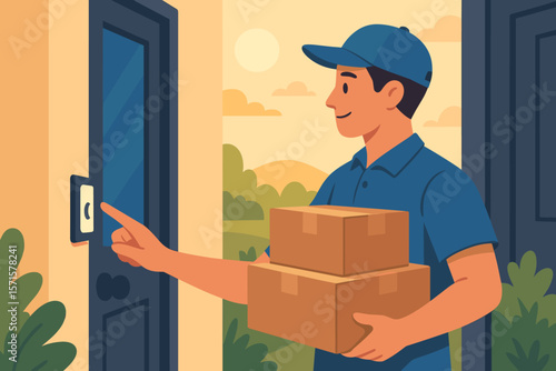 Delivery man courier holding parcel boxes and ringing the doorbell at the front door. Home delivery service concept. E-commerce, shipping, and logistics. Modern flat vector cartoon.