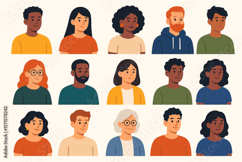 Diverse people portrait collection. Multicultural men and women of different ages and races. Flat vector cartoon avatars for community or social media. Group of happy characters.