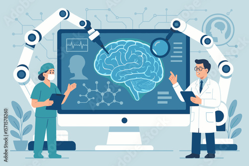 Robotic Neurosurgery Innovation Concept. Doctors and Surgeons Using Artificial Intelligence, Medical Technology, and Robotics to Diagnose and Analyze Brain Health in Hospital