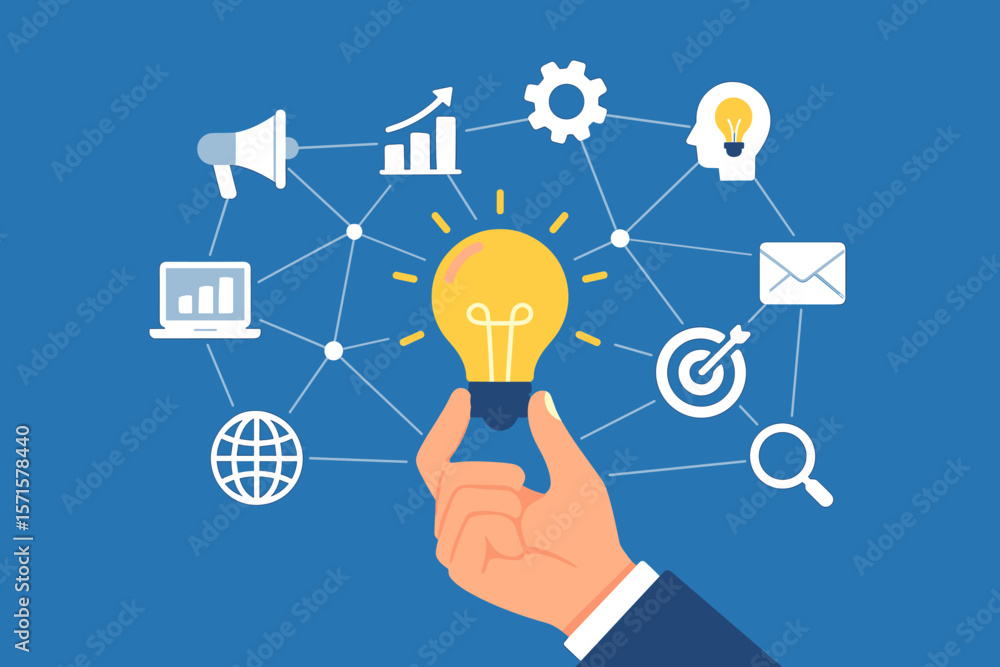 Hand Holding Light Bulb Innovation Concept with Business Digital Marketing Technology Icons, Network Connections, Strategy, Communication, Modern Flat Vector Illustration Hand Holding Light Bulb Innovation Concept with Business Digital Marketing Technology Icons, Network Connections, Strategy, Communication, Modern Flat Vector Illustration