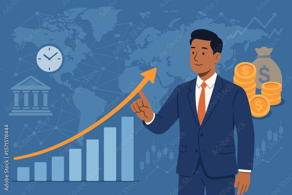 Businessman in Suit Analyzing Global Financial Growth, Investment Risk, Banking, Stock Market, Profit Return, Bar Chart, Money Coins, World Map, Economic Success Concept Businessman in Suit Analyzing Global Financial Growth, Investment Risk, Banking, Stock Market, Profit Return, Bar Chart, Money Coins, World Map, Economic Success Concept