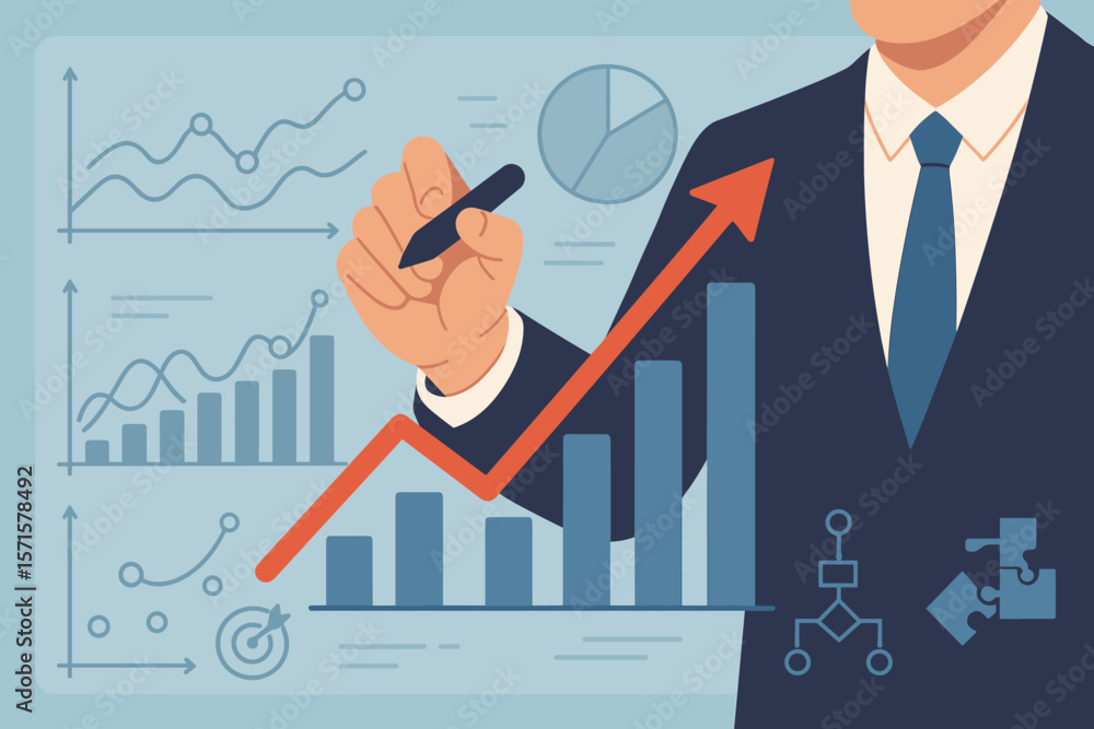 Businessman Drawing Growth Graphs, Planning Strategy, Analyzing Financial Data, Success Metrics, Modern Virtual Interface, Bar Charts, Line Graphs, Flat Vector Illustration Businessman Drawing Growth Graphs, Planning Strategy, Analyzing Financial Data, Success Metrics, Modern Virtual Interface, Bar Charts, Line Graphs, Flat Vector Illustration