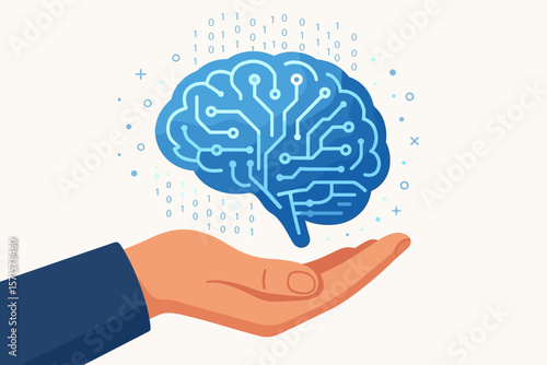 Hand holding Intelligent AI brain. Machine learning system, data algorithm development. Cybernetic mind for business, science, technology & smart solutions.