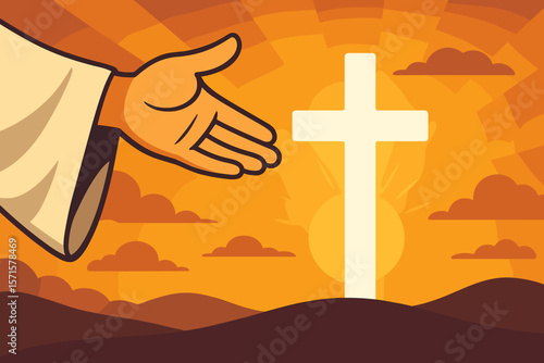 Outstretched hand of Jesus offering guidance and hope toward glowing white cross at sunrise, Christian faith, resurrection, salvation, spiritual support, modern vector illustration