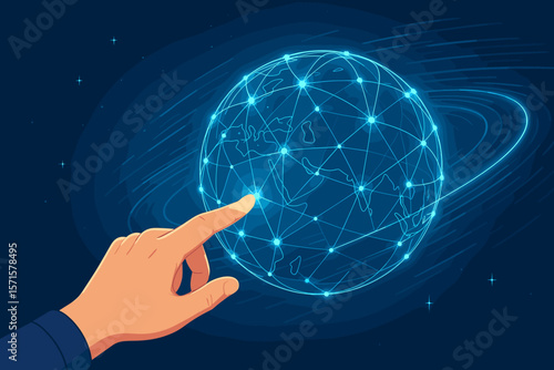 Hand Touching Global Digital Network, Fastest Data Connection, Internet Technology, AI Integration, Data Transfer, High-Speed Communication, Information Exchange, Futuristic Connectivity