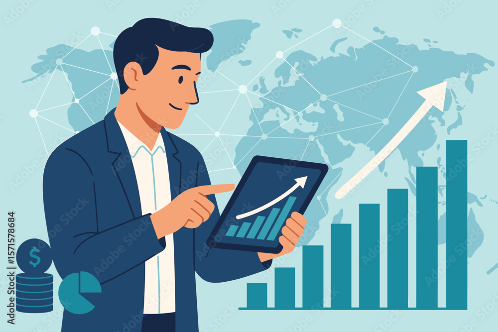 Businessman analyzing financial growth data on tablet, global investment strategy, progress chart, upward graph, business planning, digital economy, worldwide network Businessman analyzing financial growth data on tablet, global investment strategy, progress chart, upward graph, business planning, digital economy, worldwide network