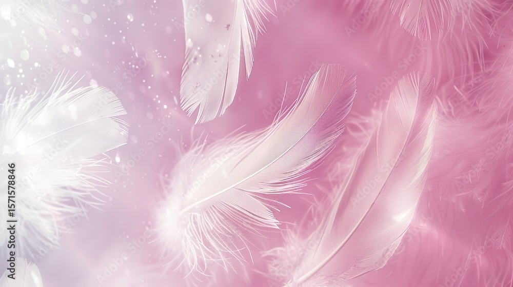 Obraz premium White Feathers Dancing on Pink Backgrounds: A Collection of Artistic Designs for Decor, Social Media, and Branding, Featuring Various Styles from Minimalist to Retro and Dreamy Textures