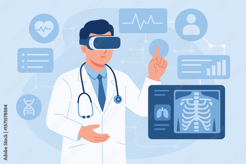 Futuristic medical technology concept. Doctor using virtual reality headset for healthcare research, analyzing patient data, digital interface, innovation, telemedicine, diagnostics Futuristic medical technology concept. Doctor using virtual reality headset for healthcare research, analyzing patient data, digital interface, innovation, telemedicine, diagnostics