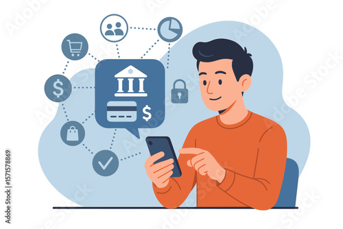 Man Using Smartphone for Online Banking Payment, Digital Finance Transaction, Mobile Banking App, Secure E-Commerce Shopping, Financial Technology, Cyber Security Network