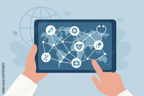 Digital healthcare network concept on tablet. Global medical technology, telemedicine, online health services, connected medicine, data sharing, remote patient monitoring illustration