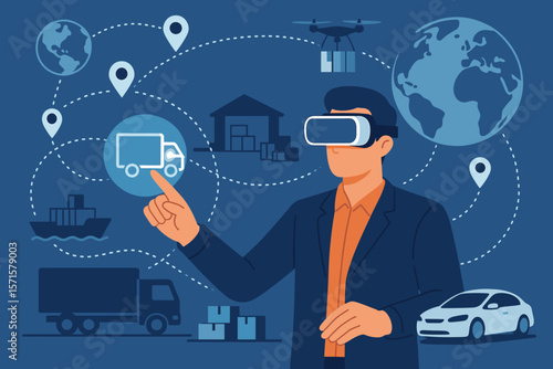 Metaverse virtual reality logistics management, manager using VR headset to analyze and control smart global transport network, distribution, shipping, warehouse, delivery, supply chain