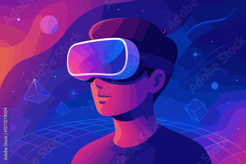 Futuristic Metaverse Technology Concept with VR Virtual Reality Goggles, Immersive Simulation, Augmented Reality, 3D Visualization, Innovation, Digital Universe, Modern Flat Art