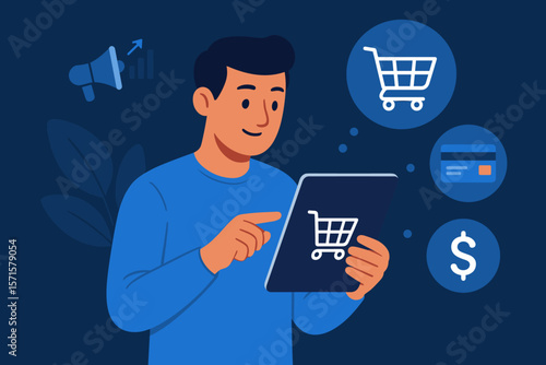 Online shopping payment concept. Man using tablet with shopping cart icon. Digital marketing, e-commerce, mobile banking, finance, credit card, dollar sign. Modern flat vector