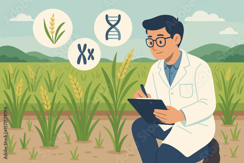 Genetic research in rice cultivation. Scientist analyzing DNA, chromosomes, plant breeding, biotechnology, genetics, agriculture innovation, rice variety development in field