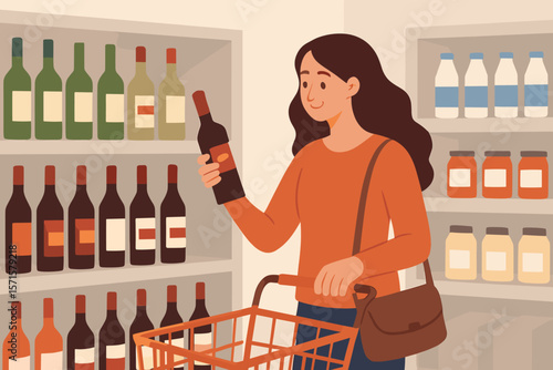 Woman shopping for wine in supermarket aisle, holding bottle, grocery cart, shelves with bottles and jars, modern flat vector illustration, retail consumer concept