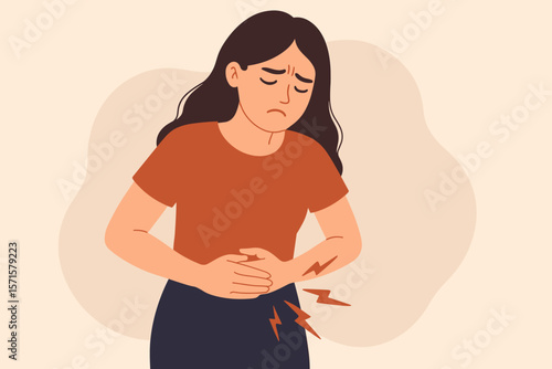 Woman clutching stomach in pain, suffering from abdominal cramps, period pain, gastric ulcer, appendicitis, indigestion, gastrointestinal disease, healthcare concept illustration