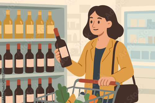 Woman Shopping for Wine in Supermarket Aisle, Grocery Cart with Fresh Produce, Modern Flat Vector Illustration, Alcohol Purchase, Retail Store, Beverage Selection Concept