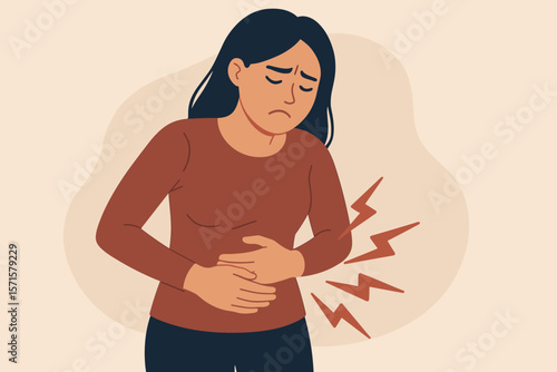Woman holding stomach in pain, suffering from abdominal ache, menstruation cramps, gastric ulcer, appendicitis, digestive or gastrointestinal disease, healthcare concept illustration