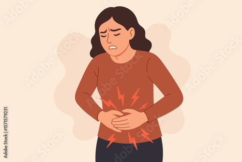 Woman holding stomach in pain, suffering from abdominal cramps, stomachache, menstrual period pain, gastric ulcer, appendicitis, gastrointestinal disease, healthcare concept