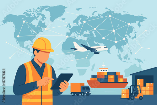 Logistics manager using digital tablet for global supply chain management, smart transportation, cargo shipping, import export, freight distribution, warehouse delivery network