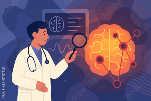 Concept of neurologist analyzing brain. Doctor checks for Alzheimer's disease, dementia. Memory loss, mental health. Neuroscience research. Medical innovation and technology vector.
