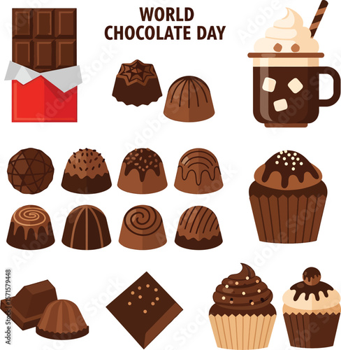 A Scrumptious Array of Chocolate Delights: A collection of chocolates, chocolate bars, cupcakes, and chocolate drinks arranged to celebrate World Chocolate Day.