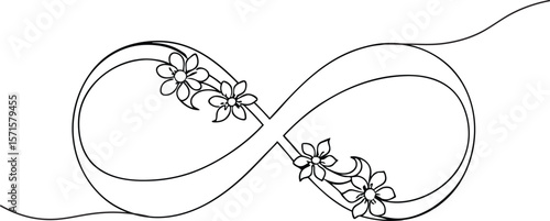 Elegant Continuous Line Art Drawing of an Infinity Symbol Embellished with Delicate Flowers, Representing Eternal Love, Nature, and Endless Possibilities.