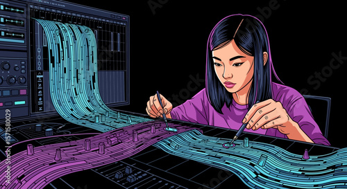 Female music producer editing audio waveforms in digital studio