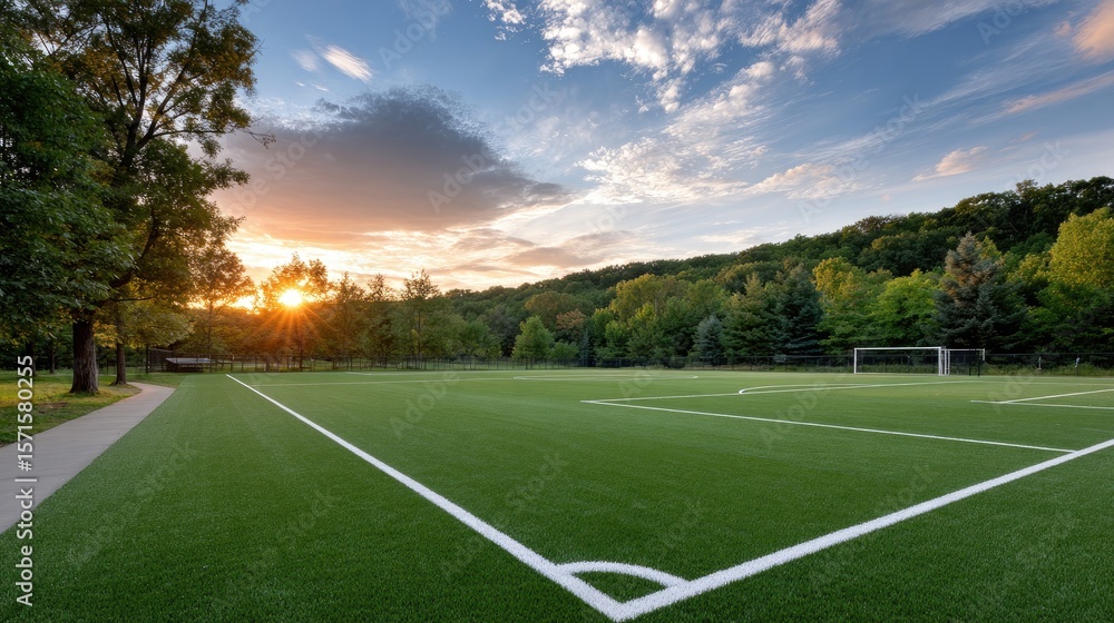 Naklejka premium A lush green soccer field is highlighted by the warm glow of sunset, with white lines creating a beautiful contrast against the landscape